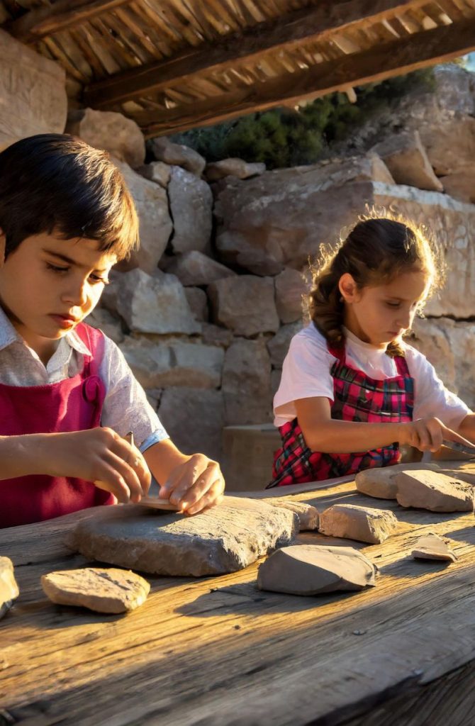 Un taller de grabado rupestre iluminado suavemente, donde niños con concentración en sus ros (1)
